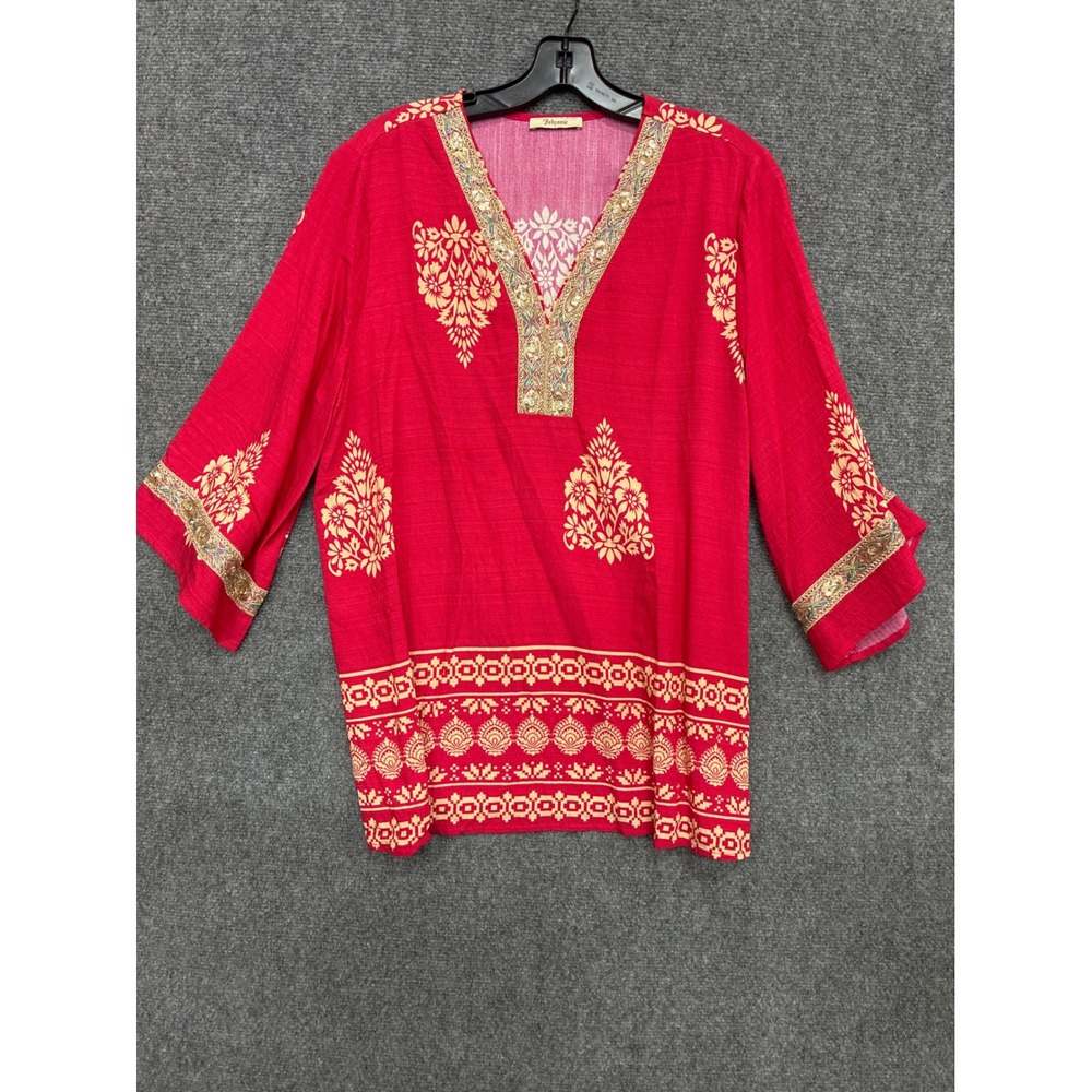 Bebonnie Red Gold Block Print Sequin Embellished V-Neck Tunic Top Large